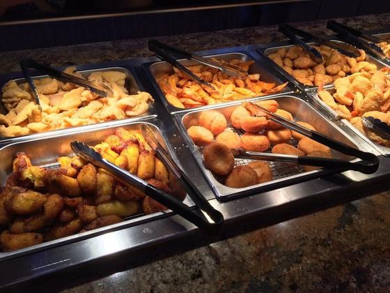 Trays of fried favorites along the buffet line