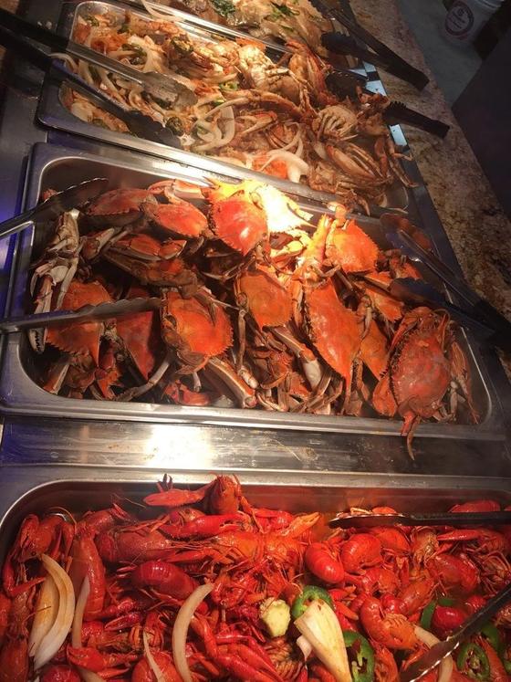Buffet trays of blue crabs and crawfish